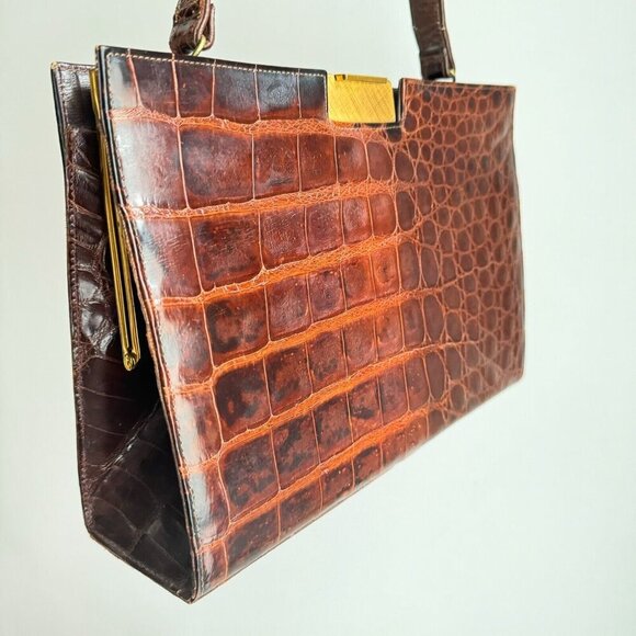 Vintage 50s 60s Crock Skin Brown medium Top Handle Bag - Picture 15 of 16
